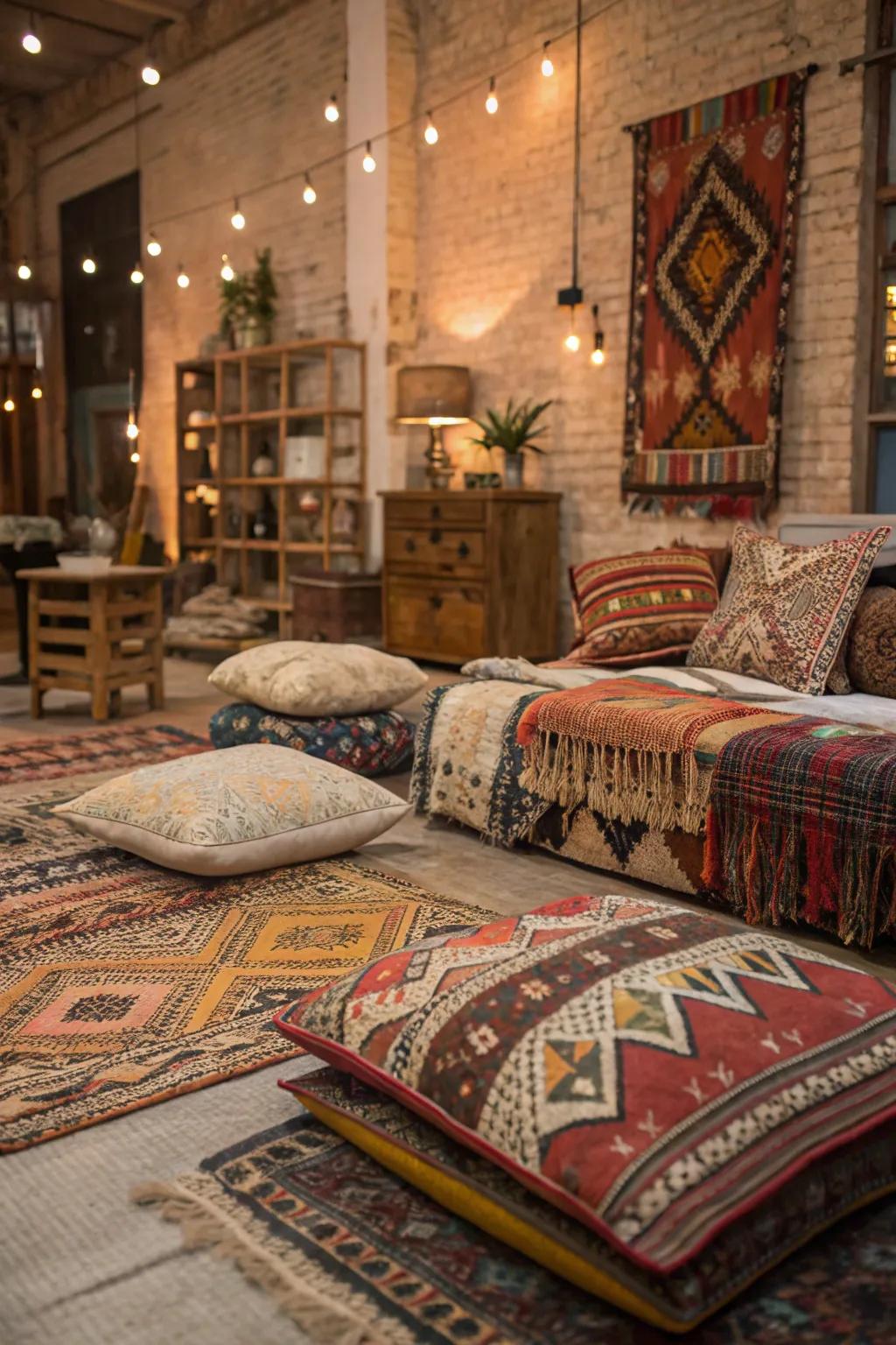 Layered textiles add warmth and style to your boho loft.