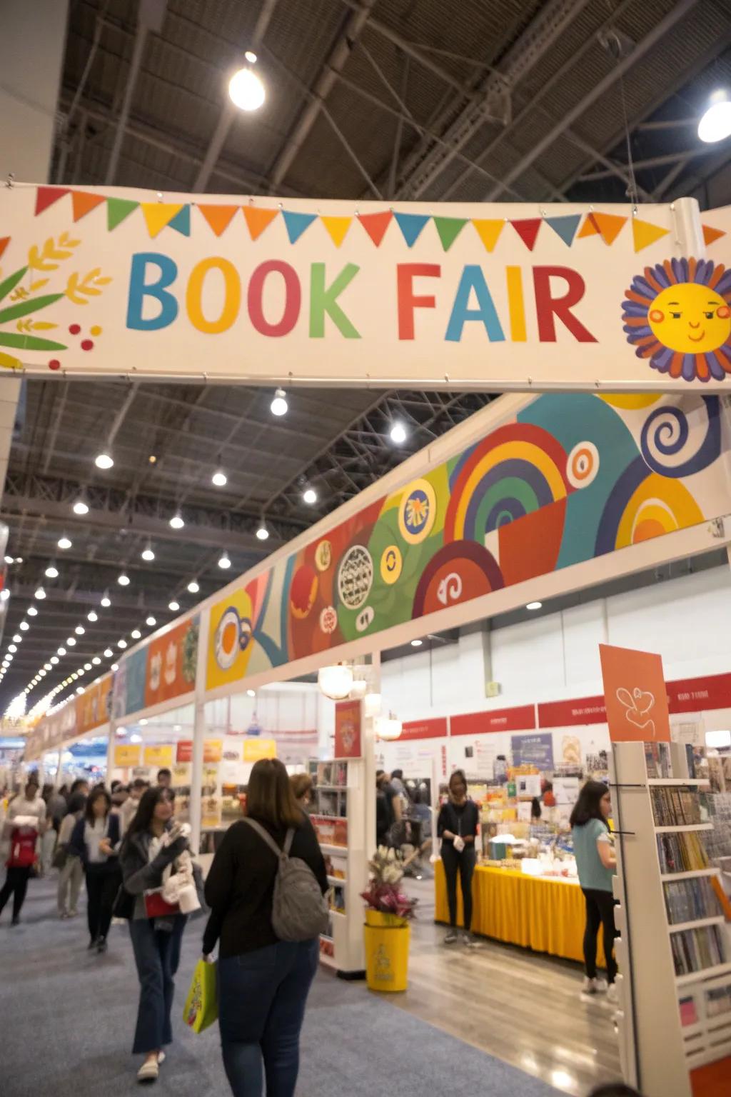 Colorful signs and banners adding vibrancy to the book fair.