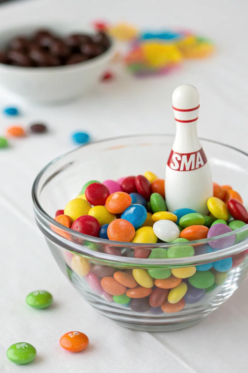 A sweet treat centerpiece with candies and a bowling pin.