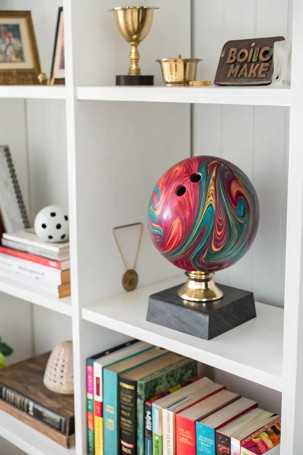 Unique DIY marbled bowling ball trophy.