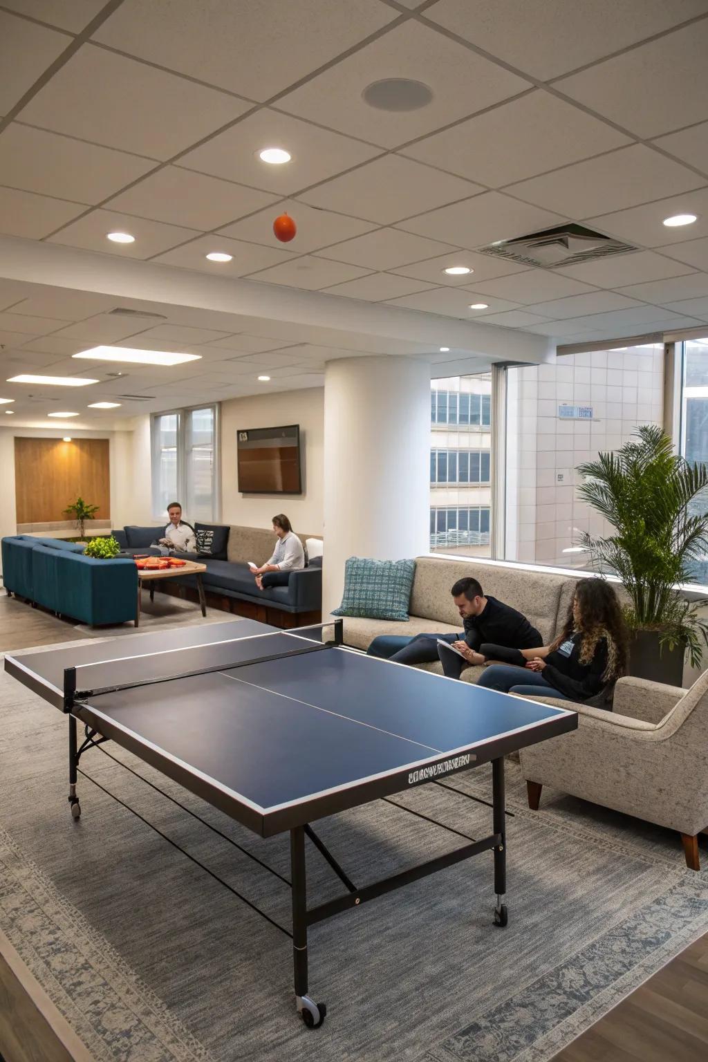 A game zone adds fun and relaxation to the workday.