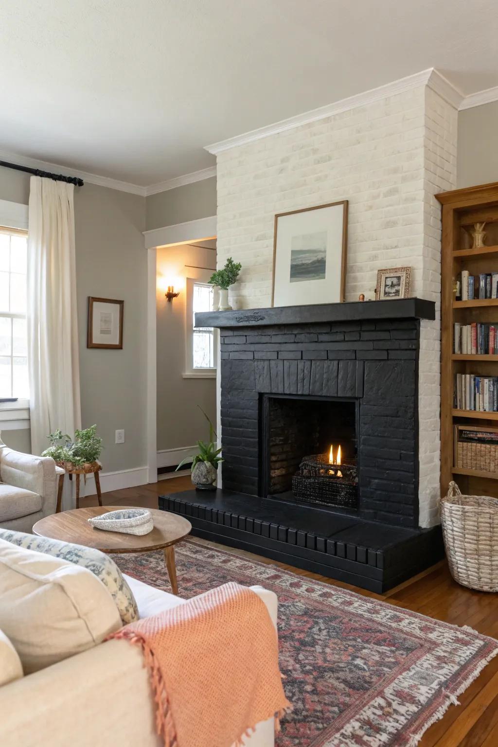 A striking black painted brick hearth that creates a bold focal point.