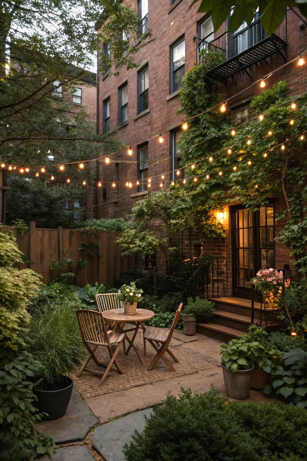 String lights add a magical touch to this cozy brownstone backyard.