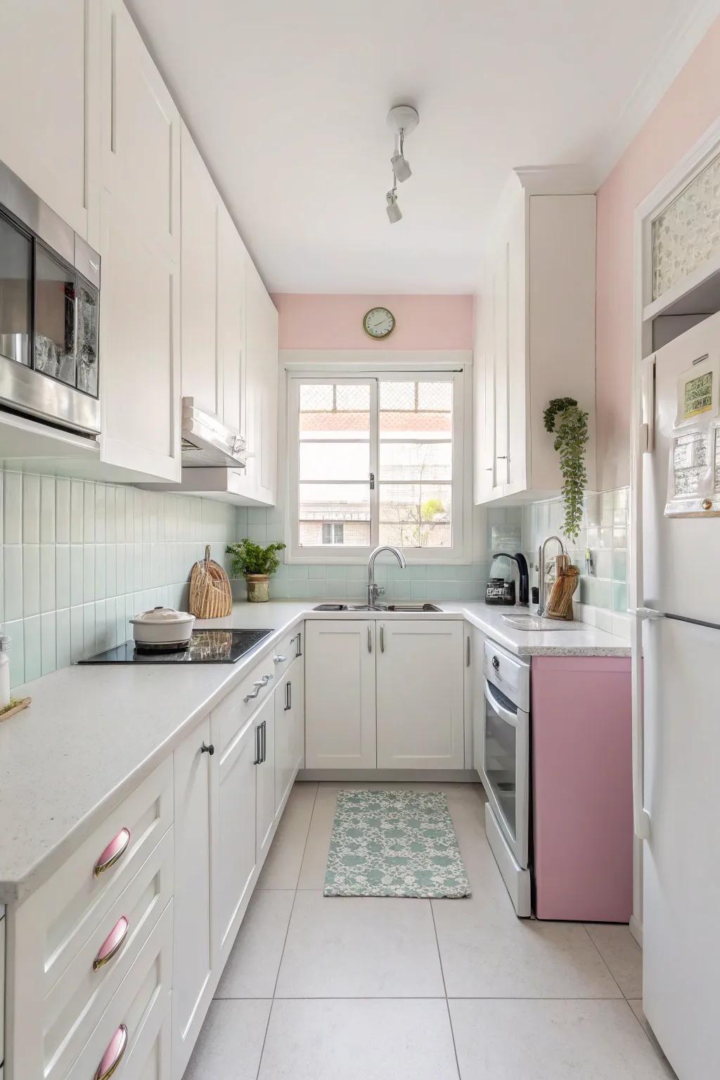 Light colors create a spacious feel in this small kitchen.