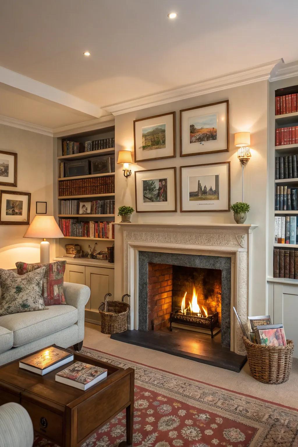 Open shelves around the fireplace showcase personal collections beautifully.