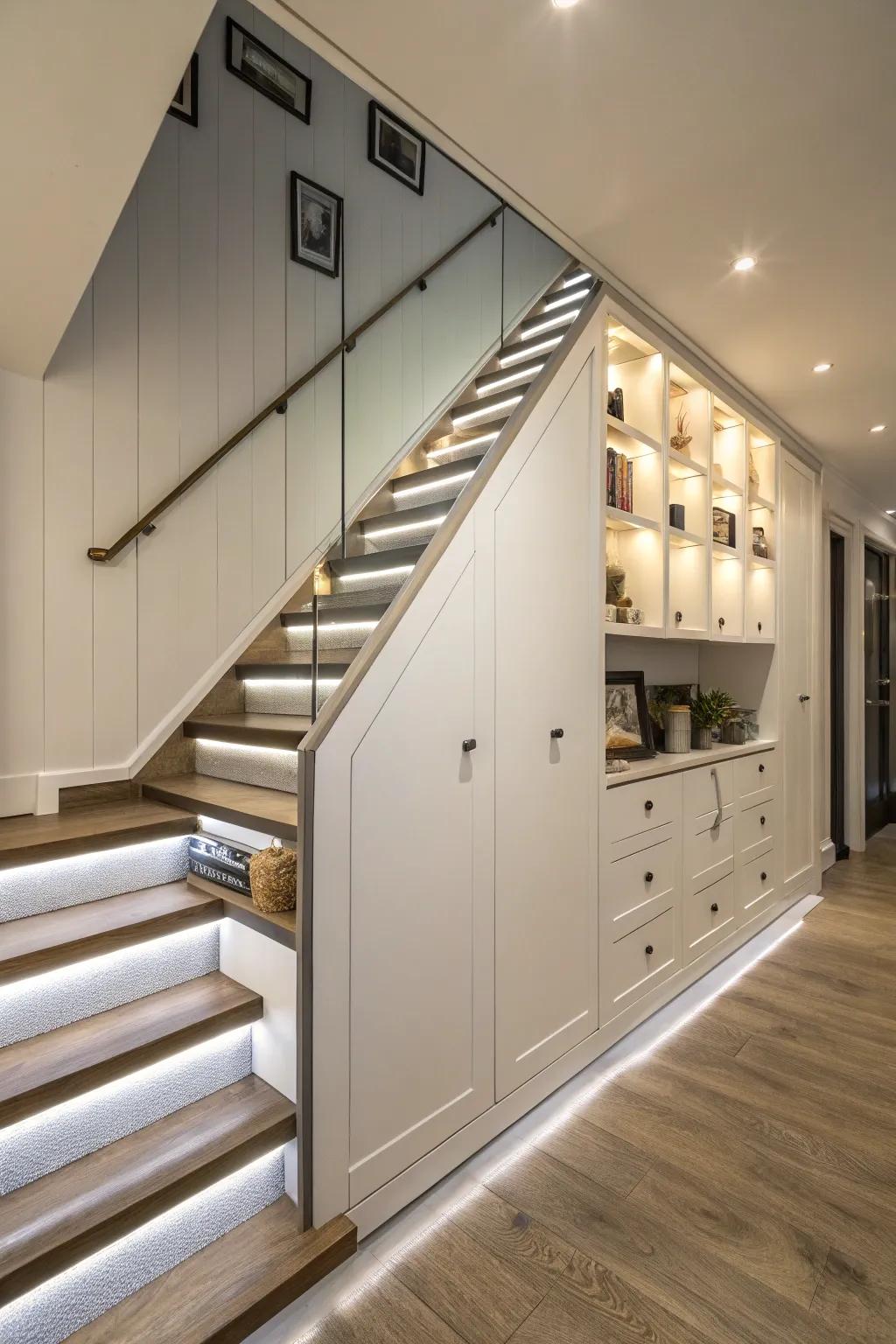 Functional storage solutions for stair bulkheads.