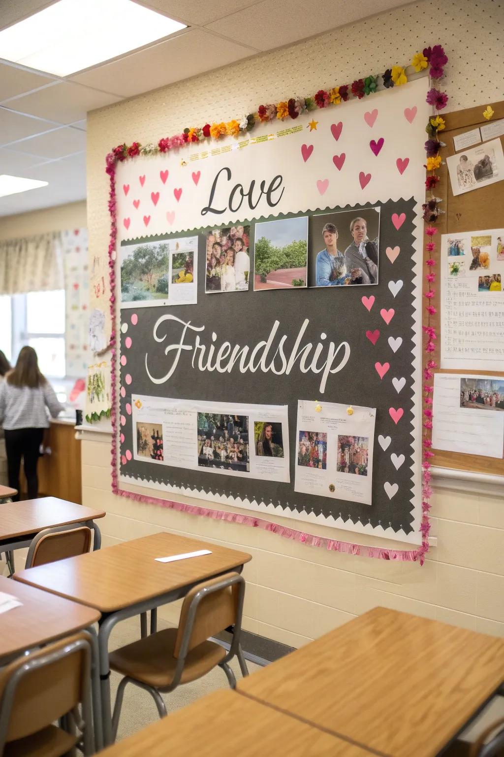 Bulletin board featuring inspirational quotes about love and friendship.