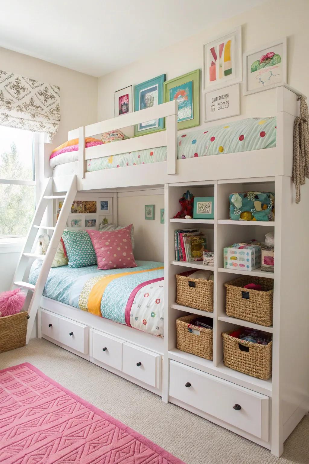 Space-saving bunk bed with integrated storage solutions for a neat room.