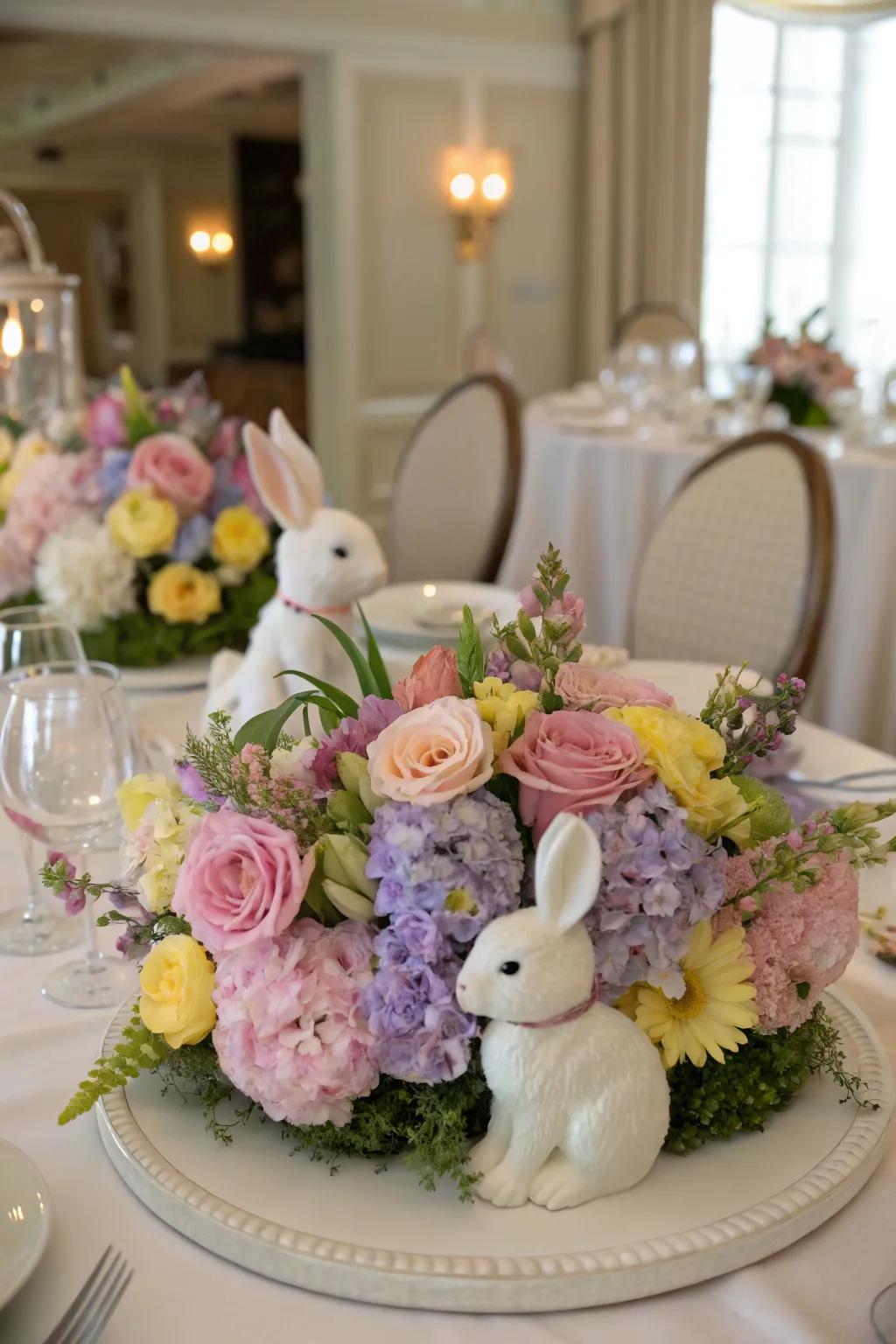 Floral bunny centerpieces bring charm to the table setting.