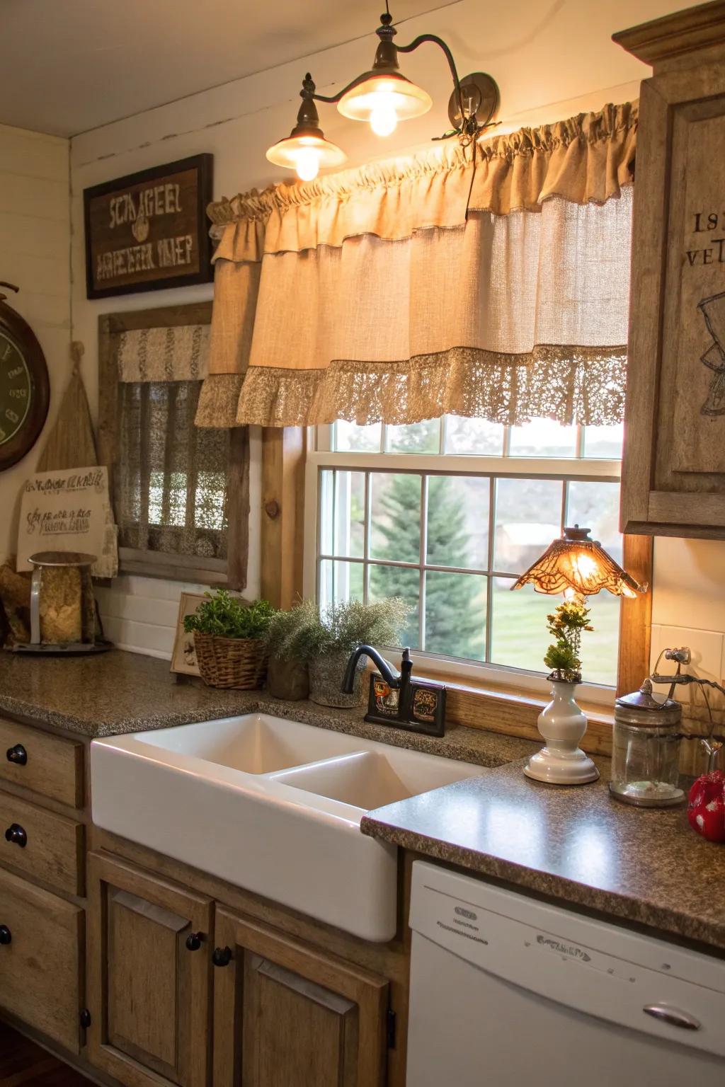 Rustic warmth with a burlap valance in the kitchen.