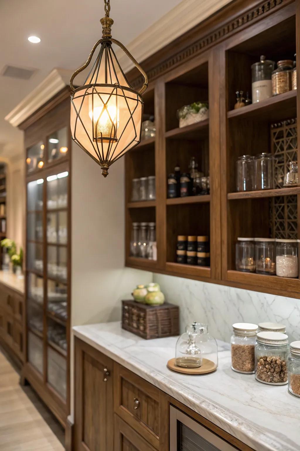 A stylish butler's pantry enhanced by a vintage pendant light for ambiance.