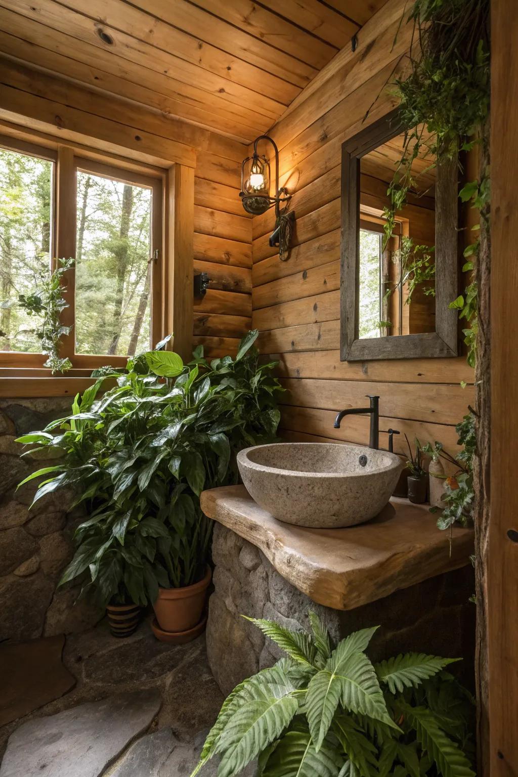 A cabin bathroom featuring plants and a stone basin for a natural touch.