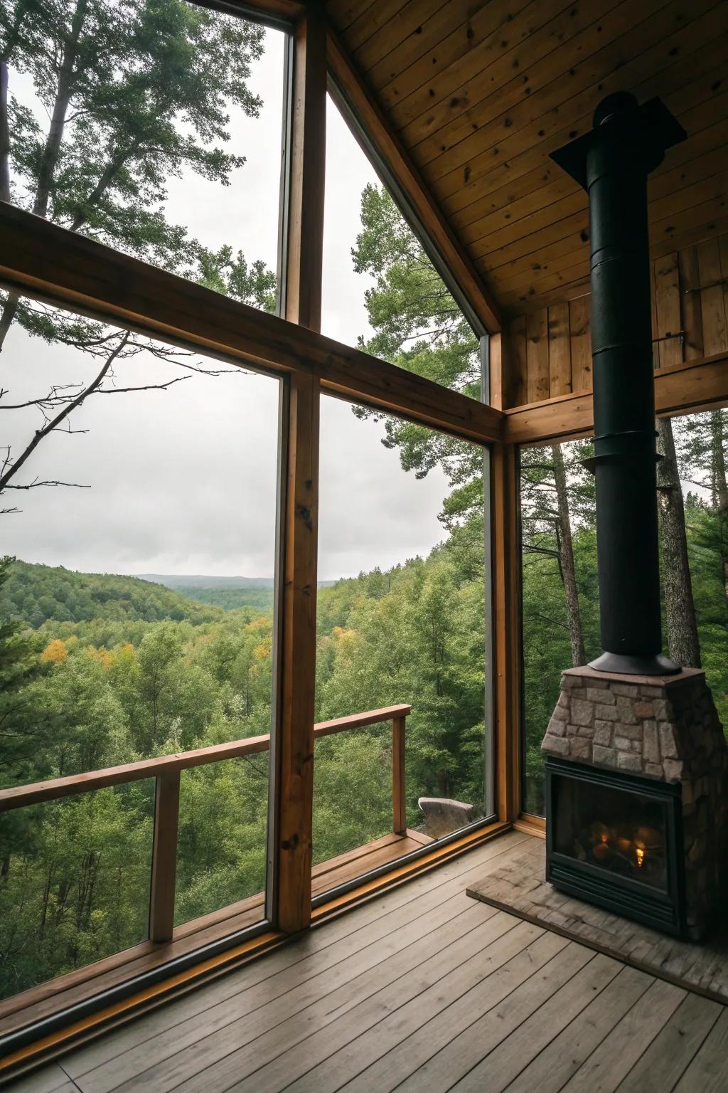 Cabin with expansive windows offering forest views