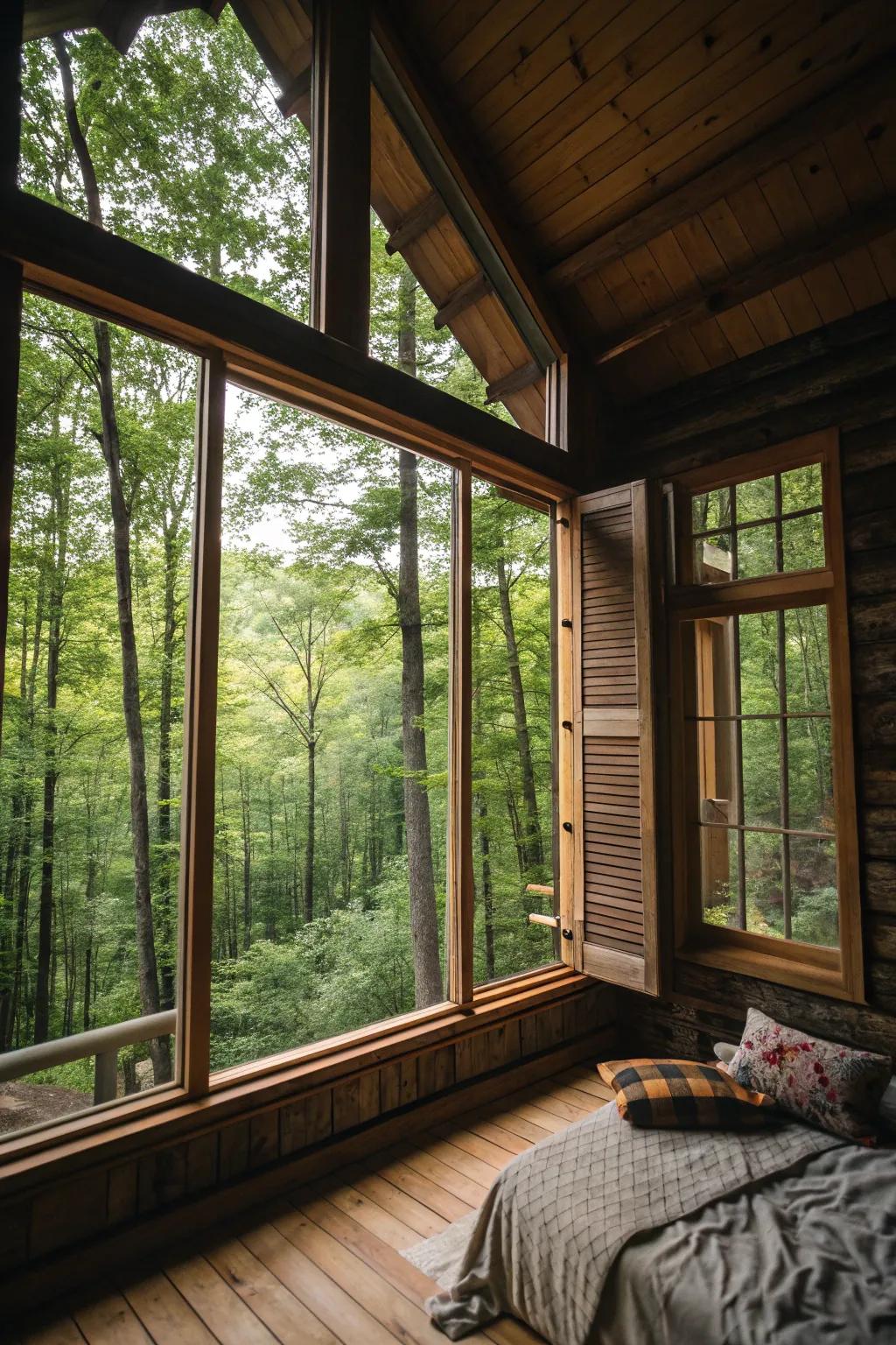 Large windows that beautifully connect the cabin interior with the surrounding nature.