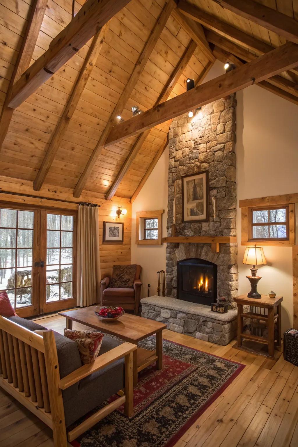 Exposed beams bring a rustic charm to this airy cabin space.