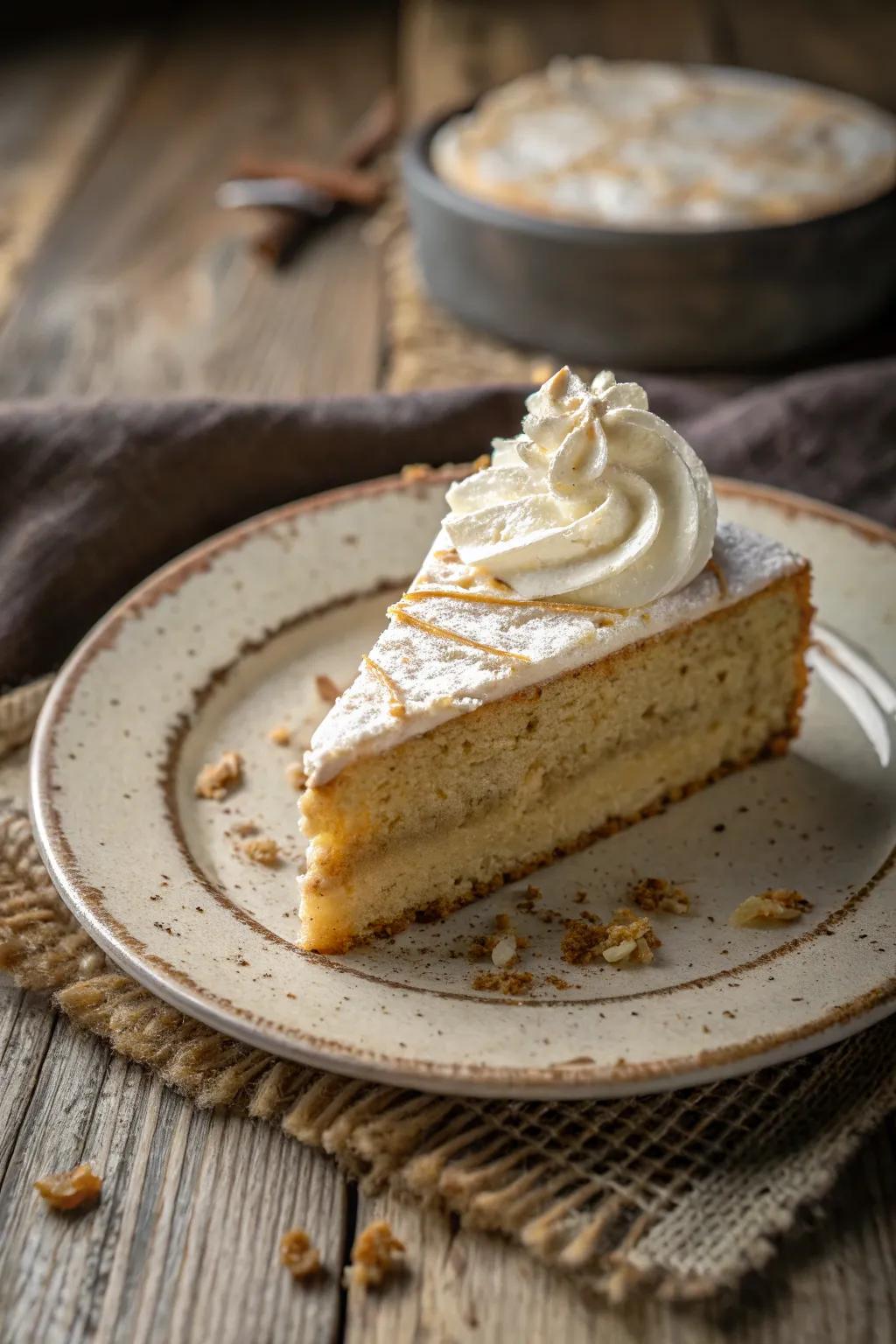 Whipped cream adds a luxurious touch to any cake slice.