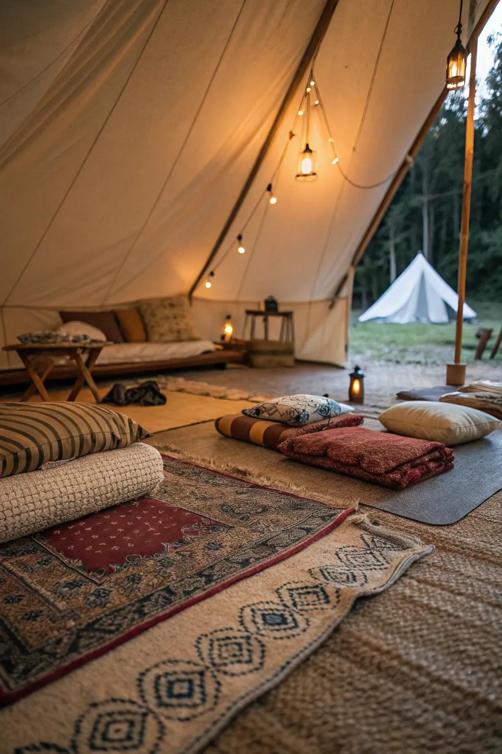 Add soft rugs for a homey and comfortable tent interior.