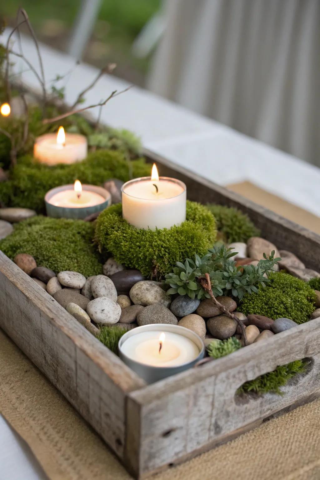 A rustic wooden tray with tealight candles and natural elements.