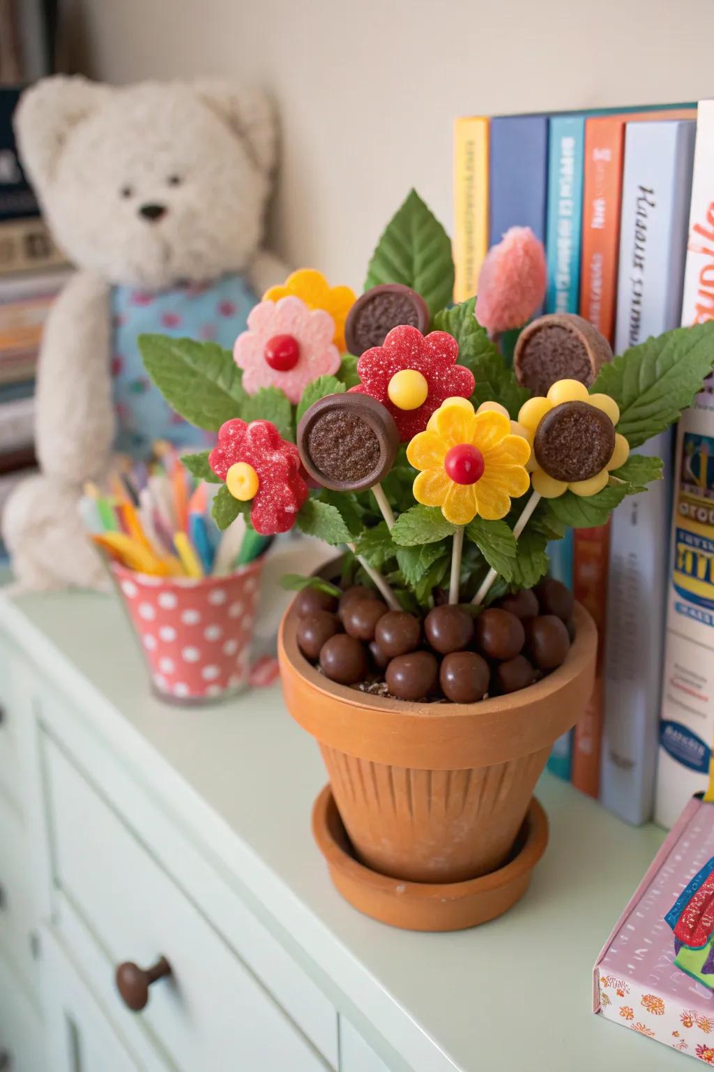 A whimsical candy garden in a flower pot.