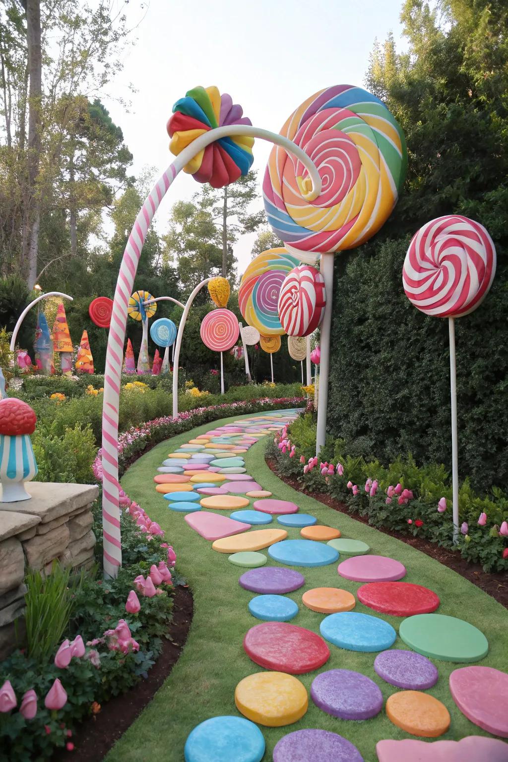 A whimsical path of lollipops guides you through a candy wonderland.