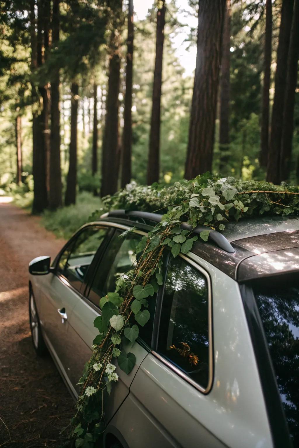 Greenery garlands bring a fresh and natural vibe to the car.