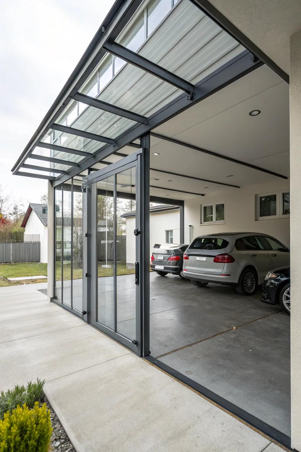 Carport featuring a fusion of glass and metal doors, offering a sleek industrial look.