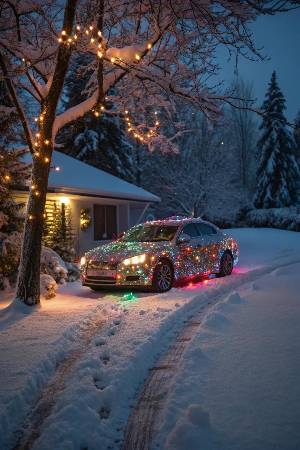 A car sparkling with LED lights, lighting up the winter night.