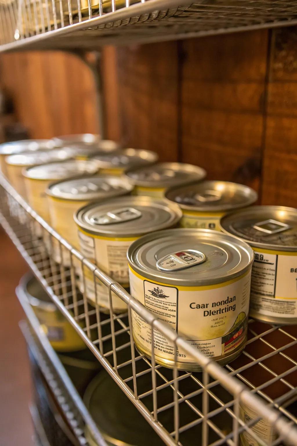 Wire racks maximizing vertical storage for cat food cans.