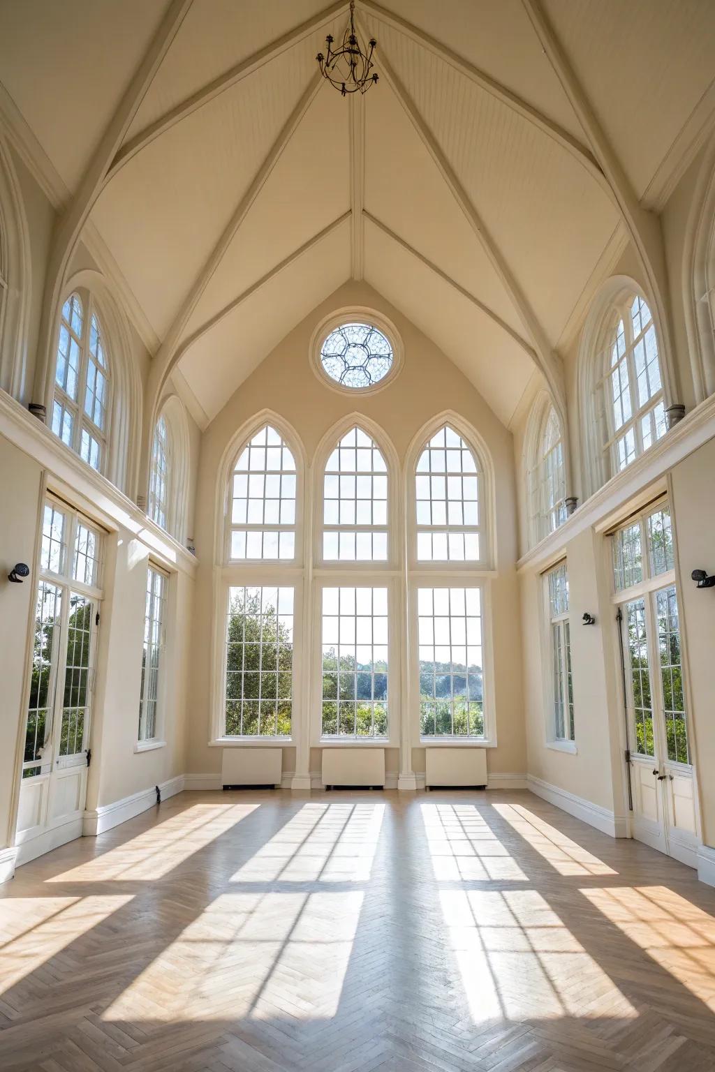 Expansive windows fill the room with natural light, emphasizing the high ceiling.