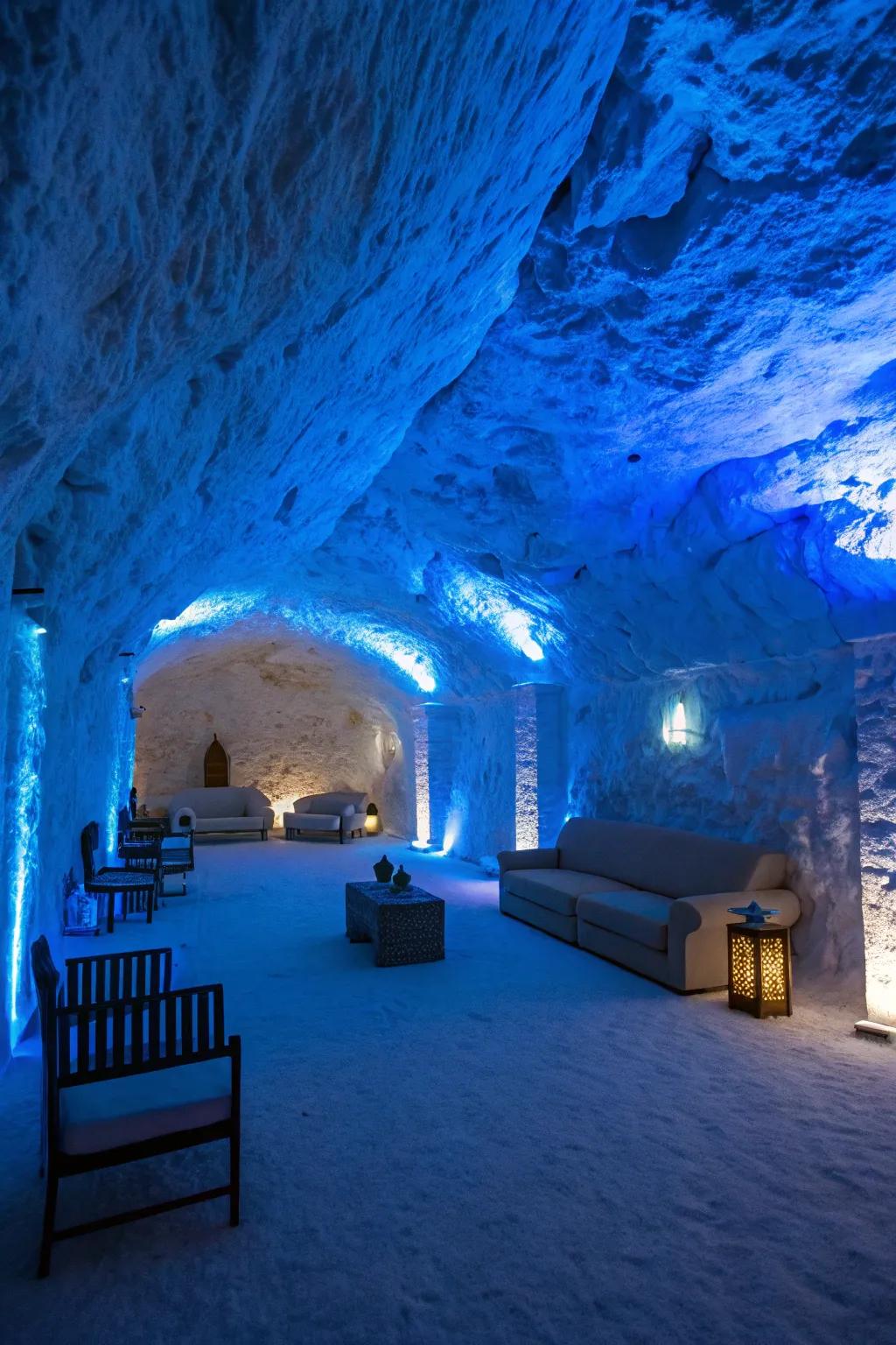 Blue LED lights create a mystical cave ambiance.