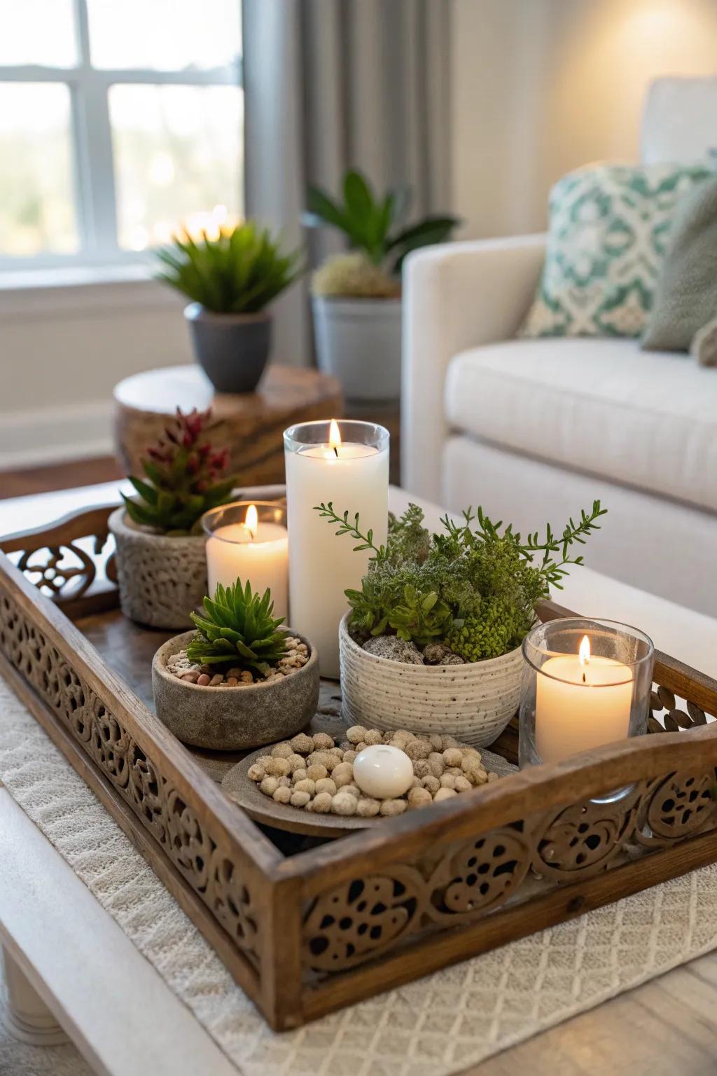 A tray helps organize decor elements elegantly.