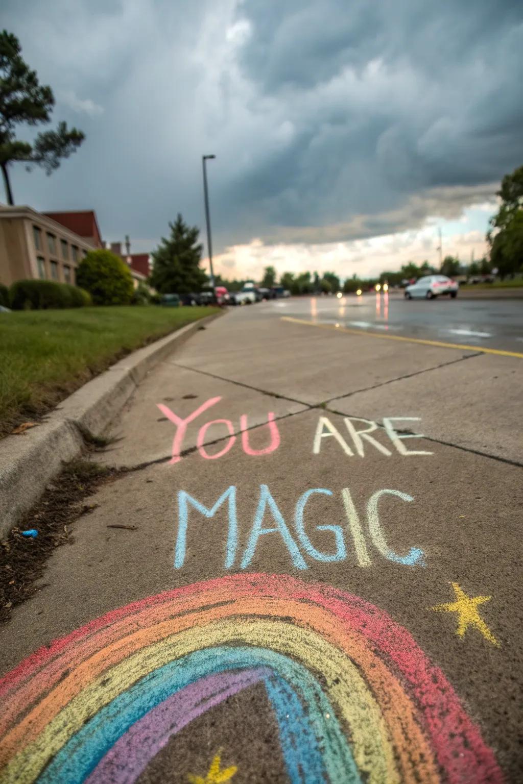 A colorful rainbow chalk drawing with an uplifting message.