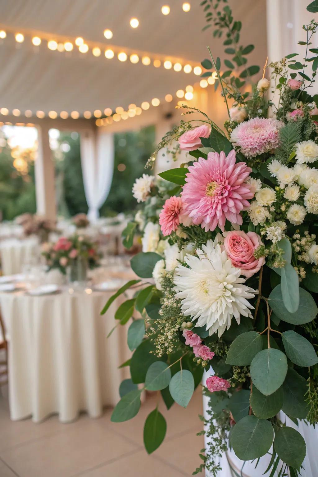 Chrysanthemums adding texture and volume to a wedding arrangement.