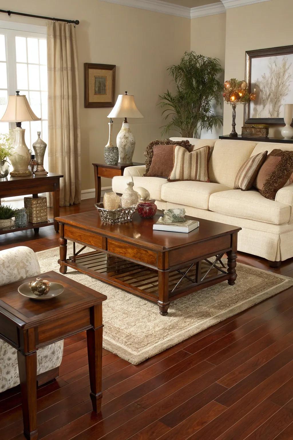 Neutral tones bring out the natural beauty of cherry wood floors.