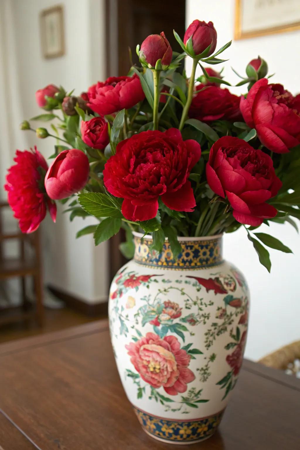 Lush red floral arrangement in an elegant vase.