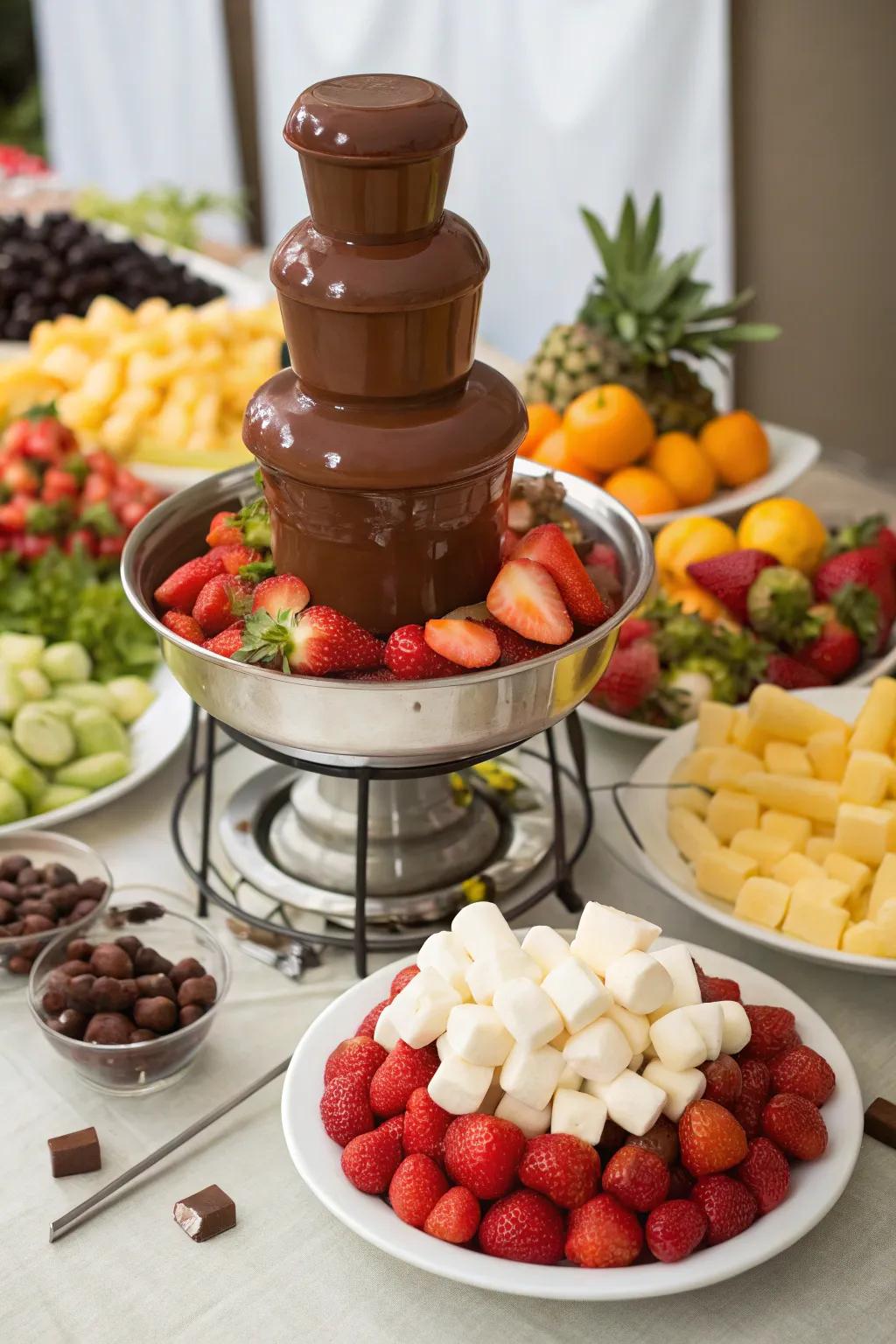 A delightful chocolate fountain ready for dipping treats.