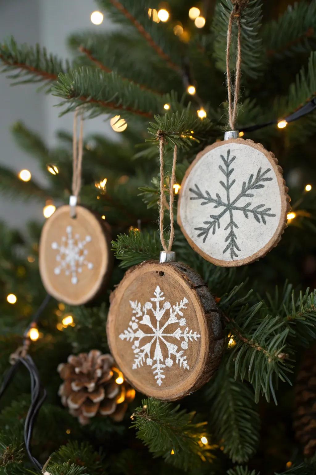 Wood slice ornaments painted with snowflakes on a tree.