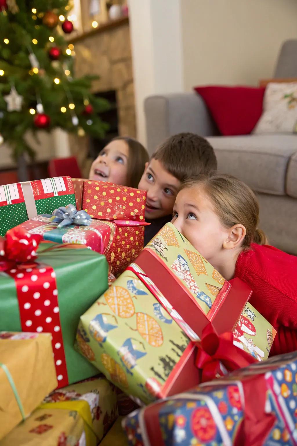 Kids peeking through a mountain of Christmas gifts.