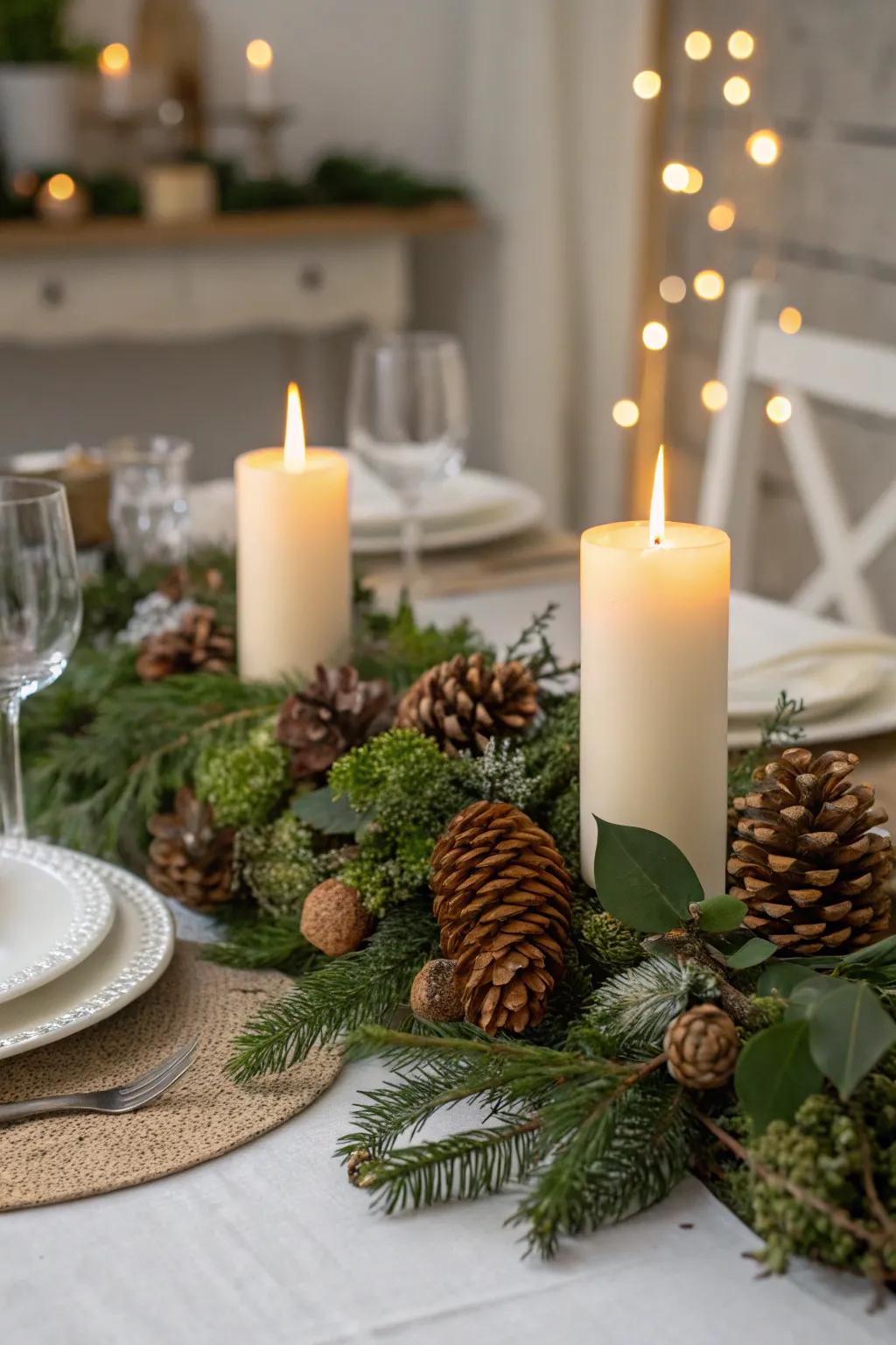 Pine cones add rustic charm to the holiday table.