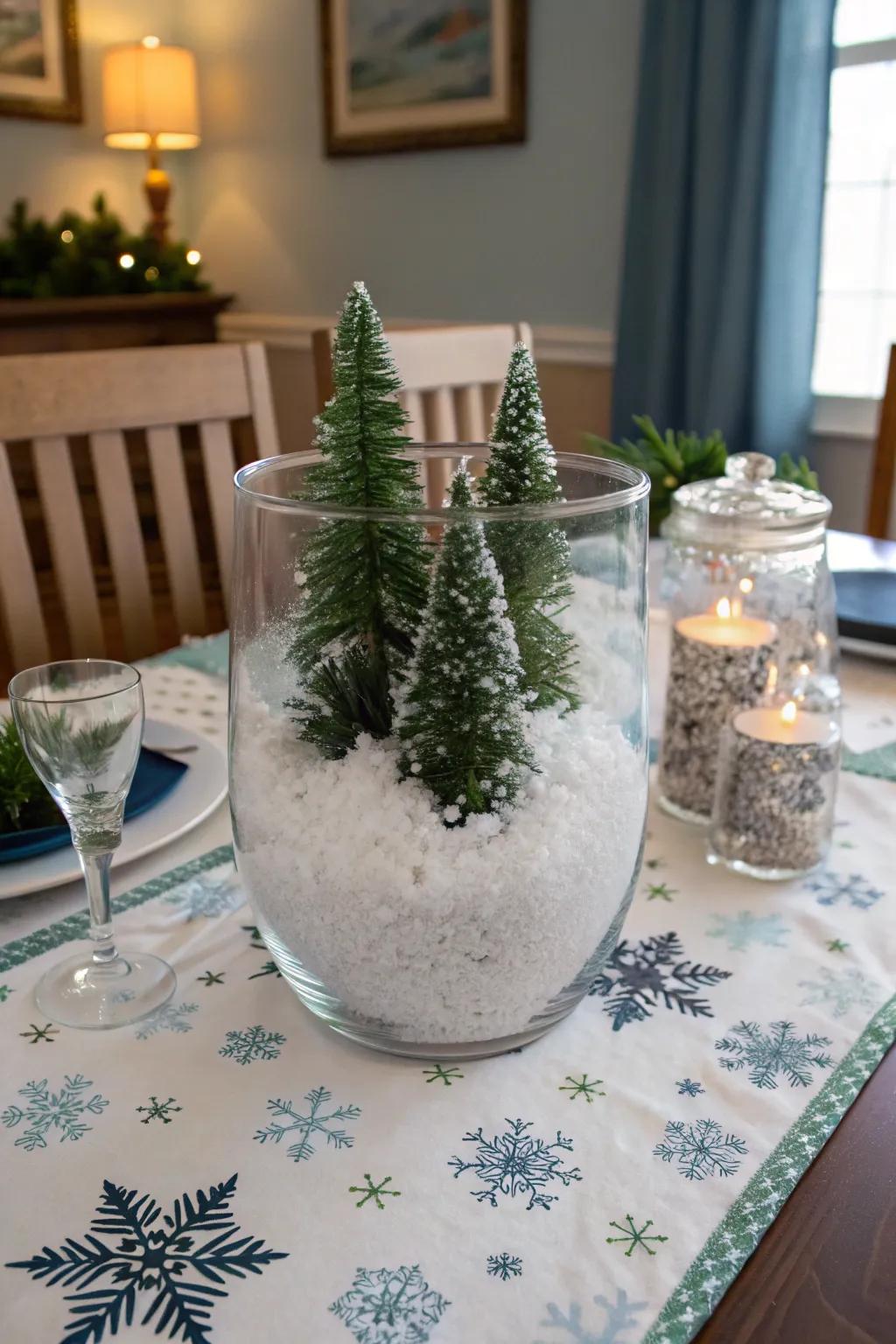 Whimsical winter: faux snow and mini trees bring the outdoors in.