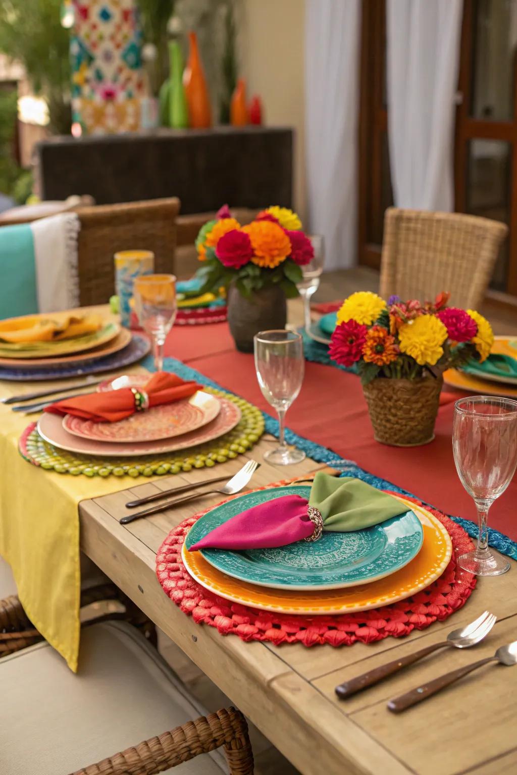 Create a vibrant table setup with colorful tableware.