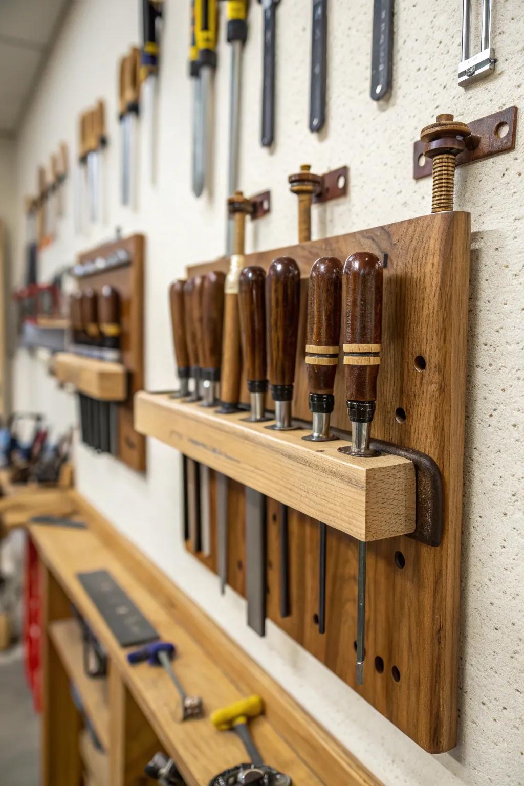 Custom wooden holders provide a tailored storage option for clamps.