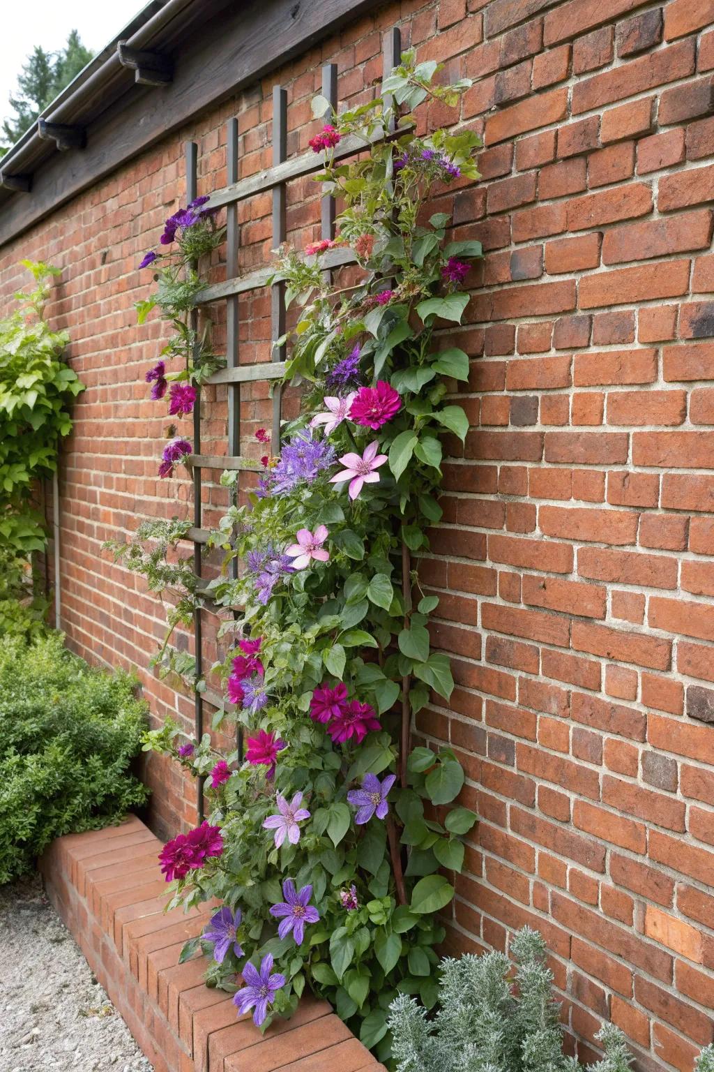 A wall-mounted trellis showcases clematis blooms elegantly against a brick wall.