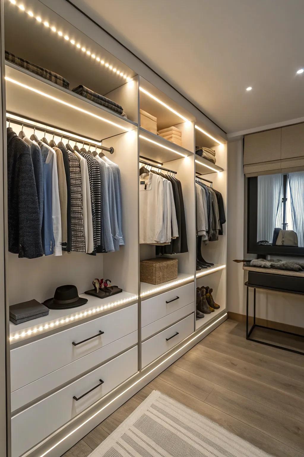 LED strip lights provide targeted illumination for a modern closet design.