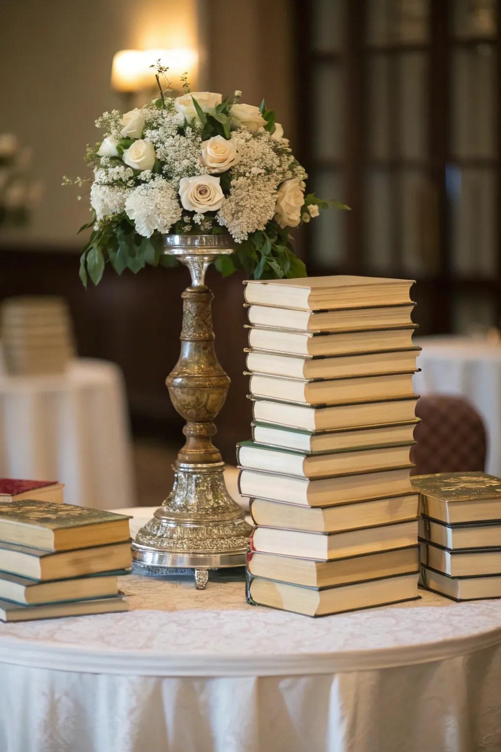 Symmetrical book stacks create a balanced and elegant setup.