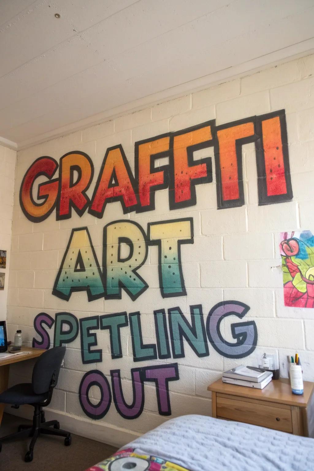A bedroom wall personalized with vibrant name graffiti art.
