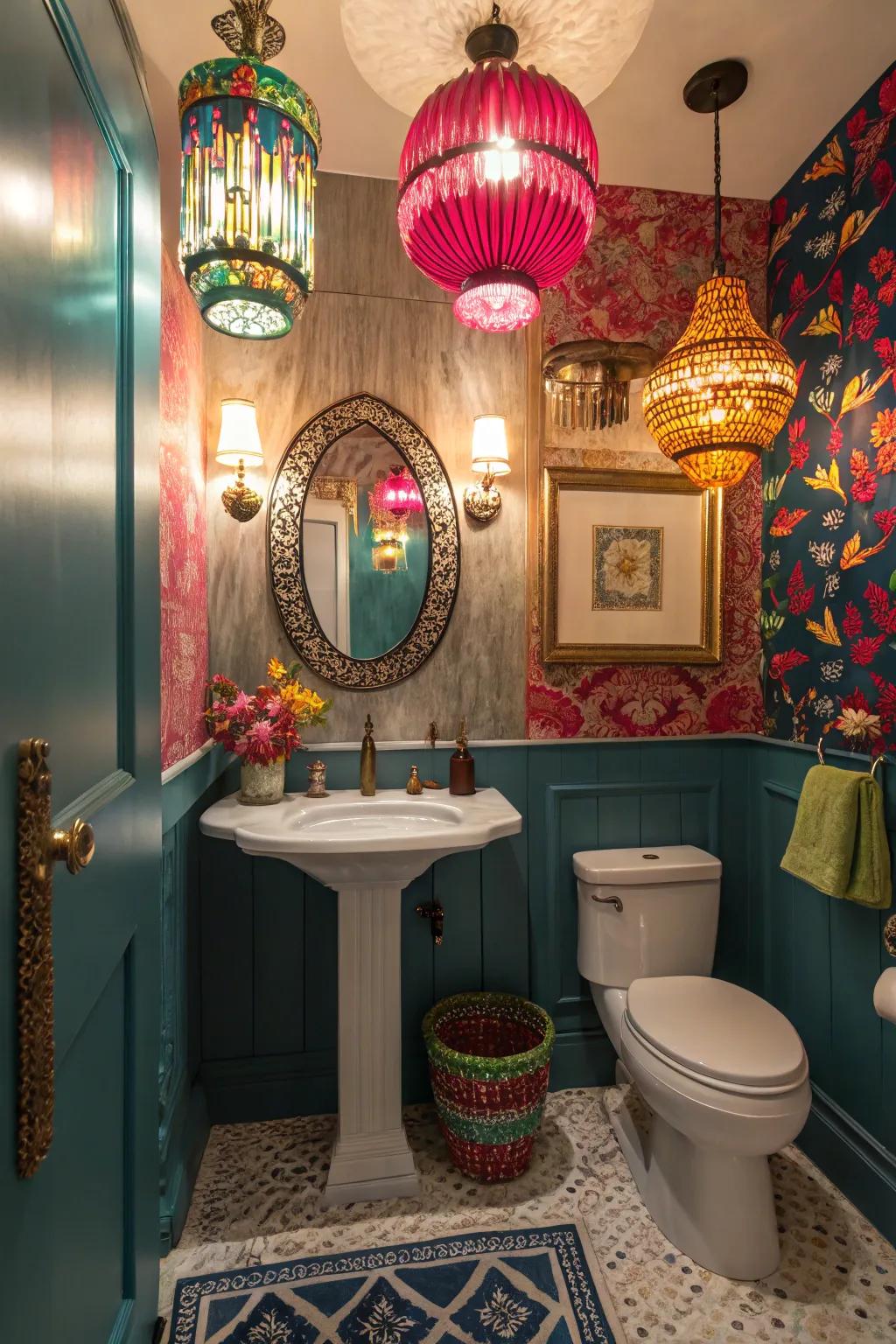 Unique decorative lighting enhances the colorful decor of this powder room.