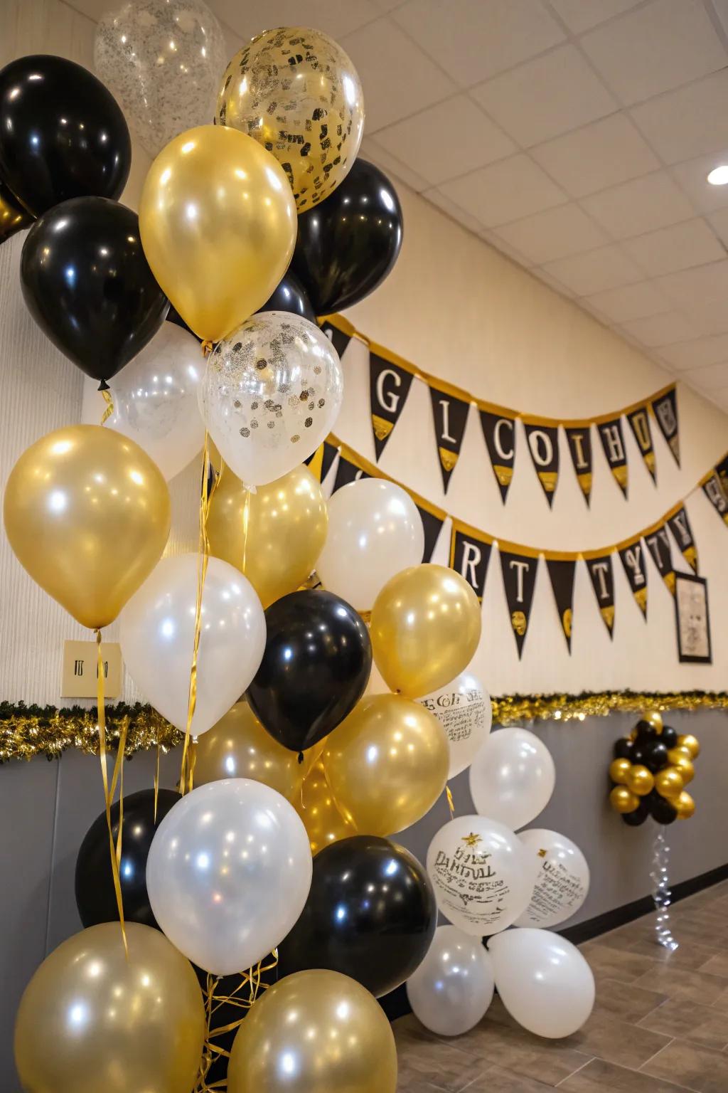 Color-coordinated balloons creating a festive atmosphere for the dual celebration.