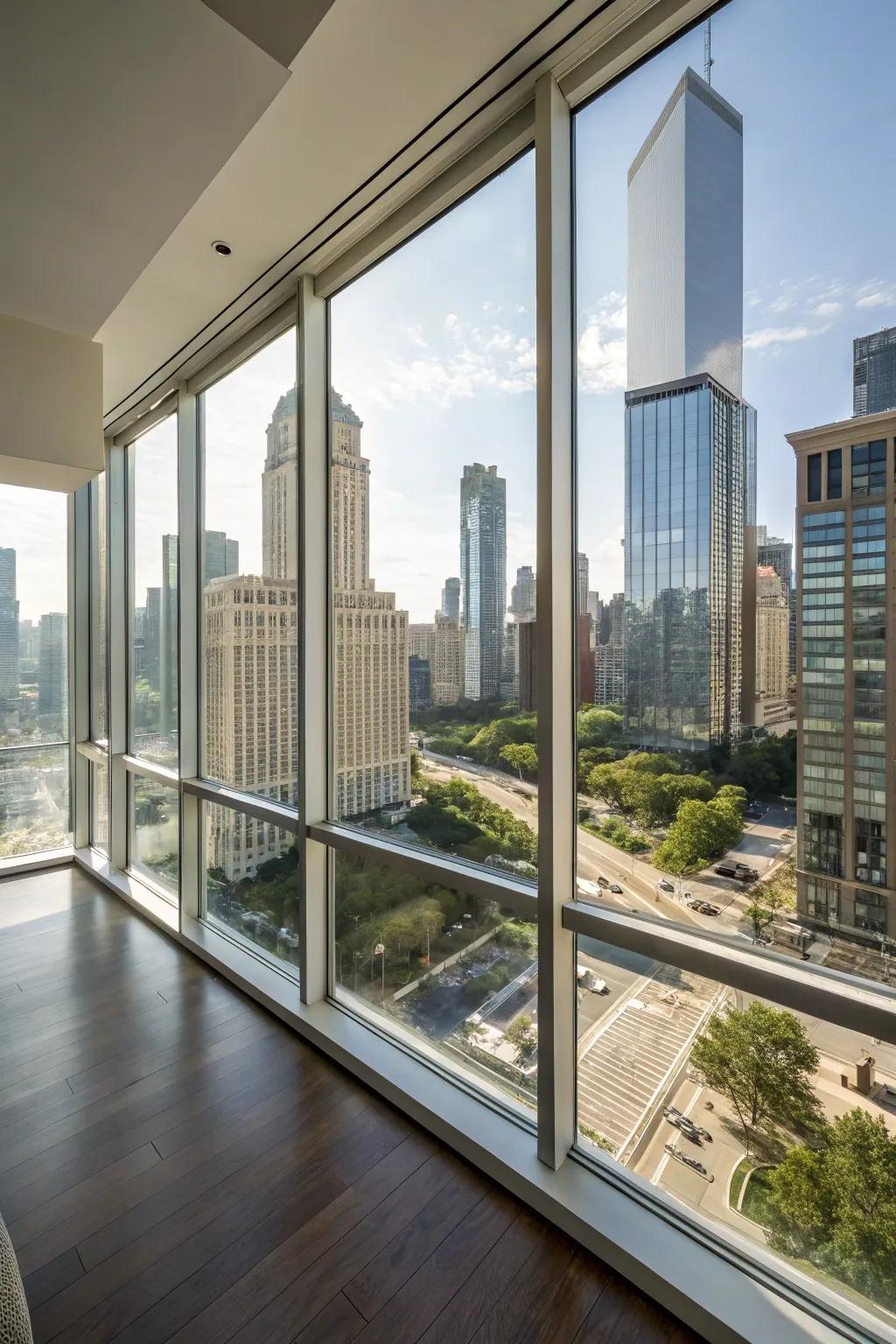 A condo with floor-to-ceiling windows overlooking an urban skyline.