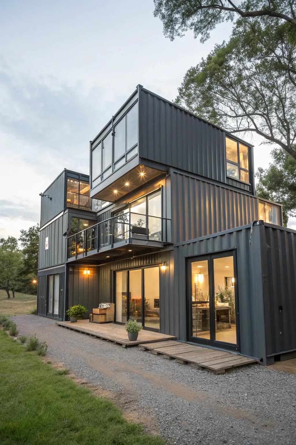 Innovative stacking creates a striking multi-level container home.